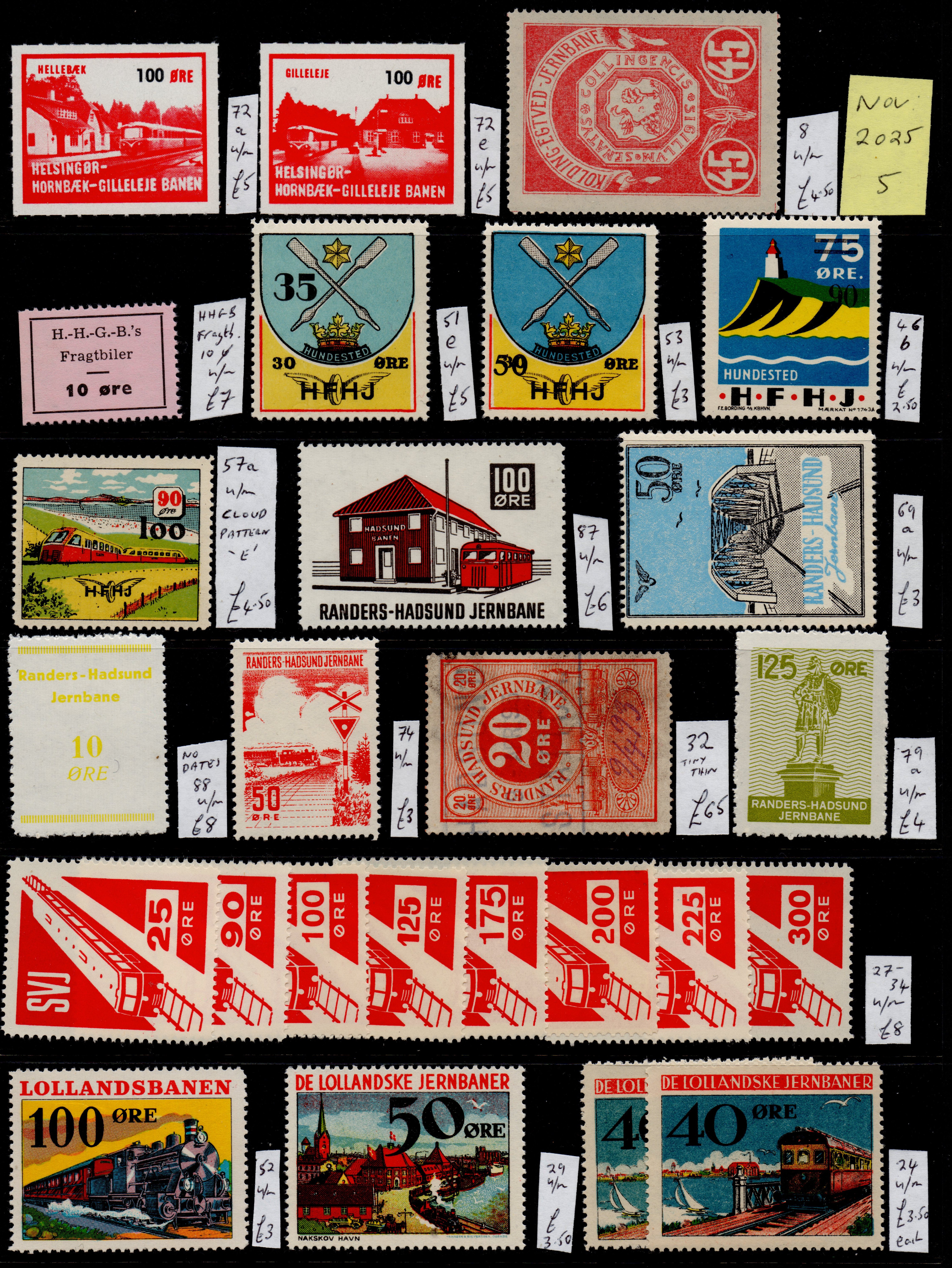 Denmark Danish Railway Parcel Stamps - Hellsingor-Hornbaek-Gilleleje Banen; HFHJ; Randers-Hadsund Jernbane; SVJ; Lollandsbanen